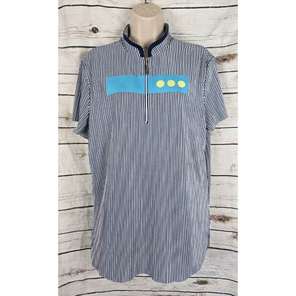 Jamie Sadock Navy Blue Striped Golf Shirt Top XL 1/4 Zip Crinkle Short Sleeves